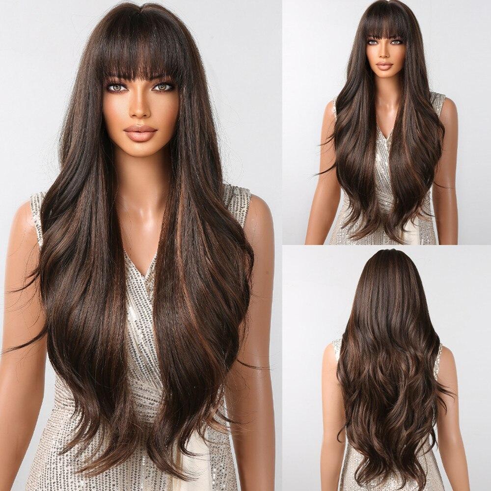 ALAN EATON Brown Highlight Layered Boby Wavy Wig Long Natural Mixed Synthetic Wig Women Daily Hair with Bangs Heat Resistant Wig