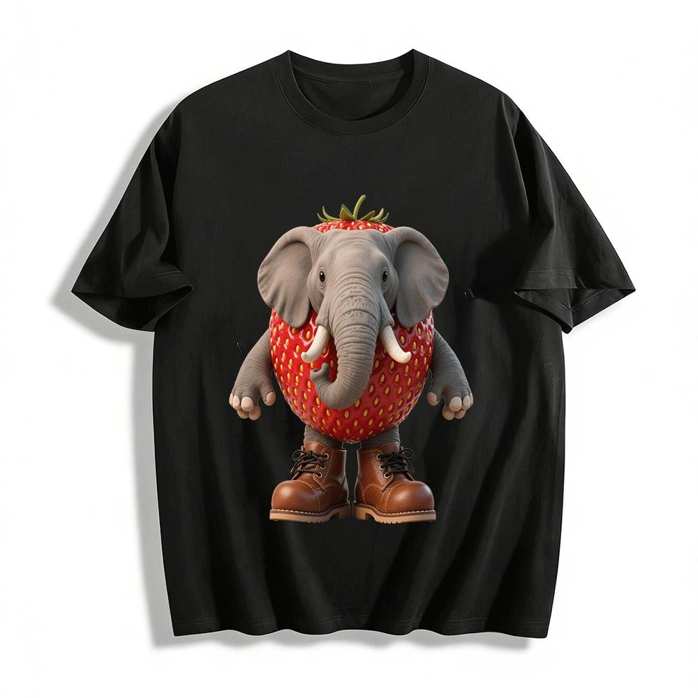 Strawberry Elephant Hybrid Print Casual Funny Top Pure cotton T-shirt XXS