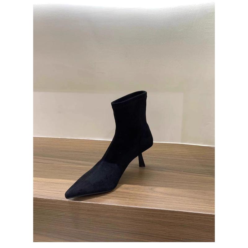 Korean small naked boots 2025 autumn and winter new single boots high heel pointed suede khaki thin boots short boots women's shoes
