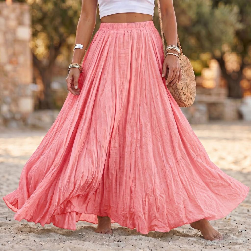Women Long Loose Pleated Skirt Elastic Waist Cotton Linen Blend Maxi Skirt Flared Hem Casual Boho Style Skirt for Daily Wear