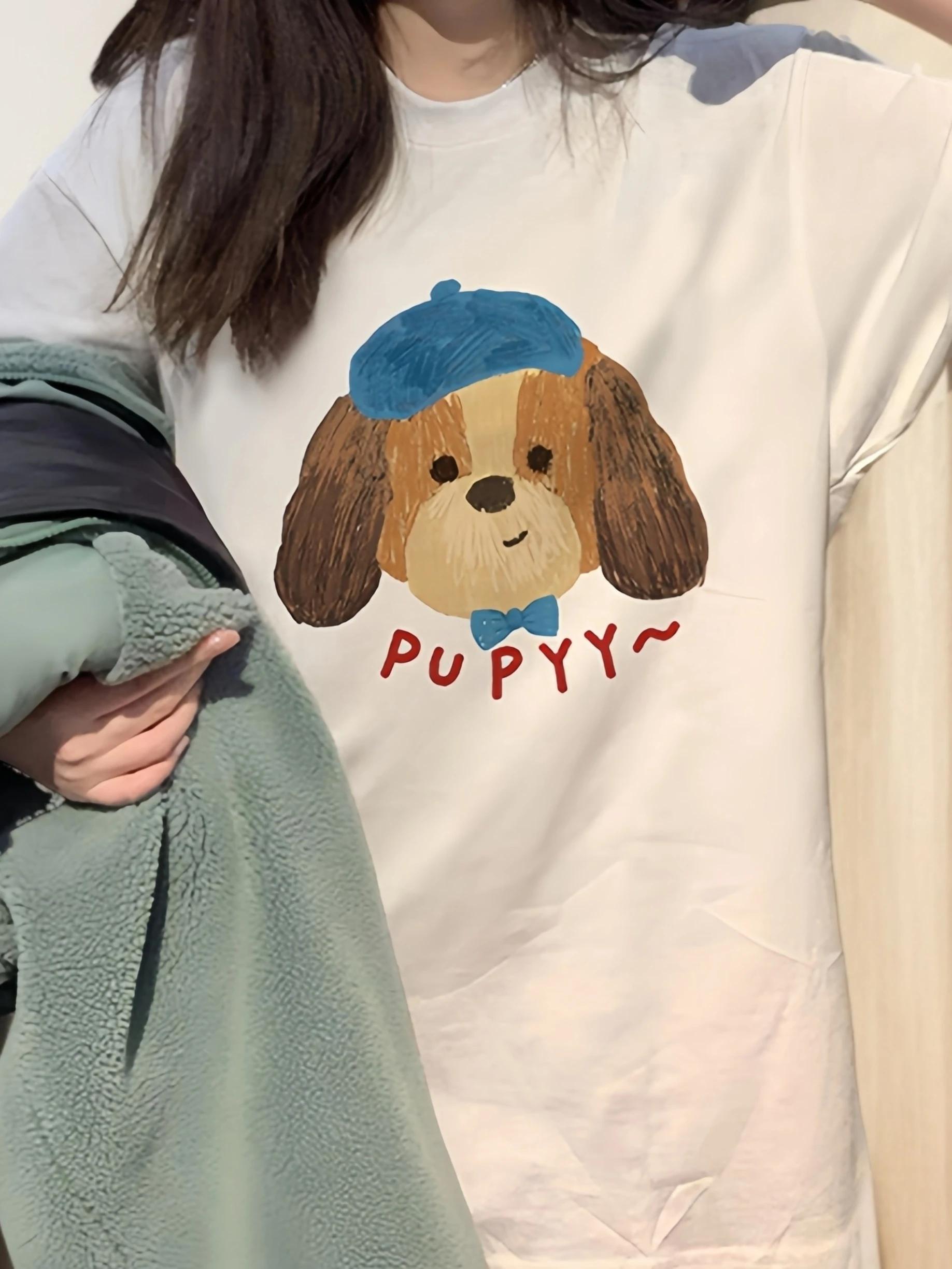 Camiseta de Unisexga corta con estampado de cachorro y sombrero azul bonitopantalón nueva camiseta de verano para mujer S