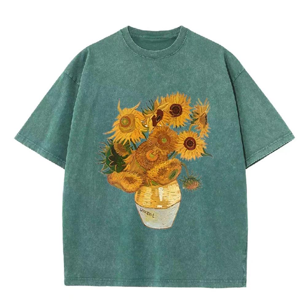 2026 Vintage Schwarz gewaschen Van Gogh Sonnenblumen Ölmalerei Grafik T-Shirt Retro Kunstdruck Übergroß Lässig Kurzarm Tee