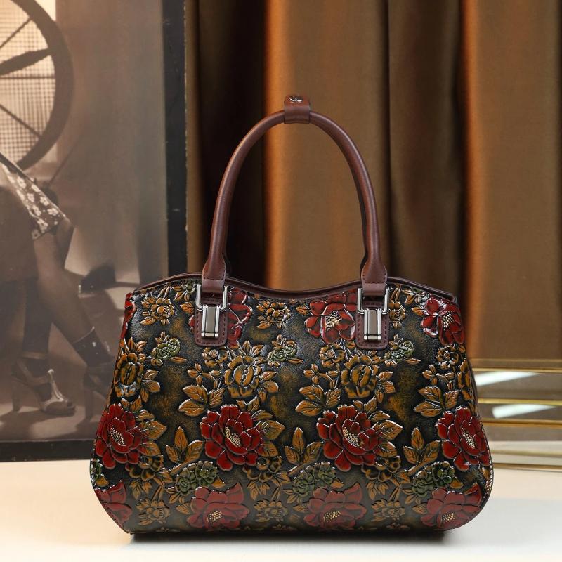 European and American Retro Flower Pattern Mature Women's Handbag Luxury PU Leather Tote Bag Commuter Bag