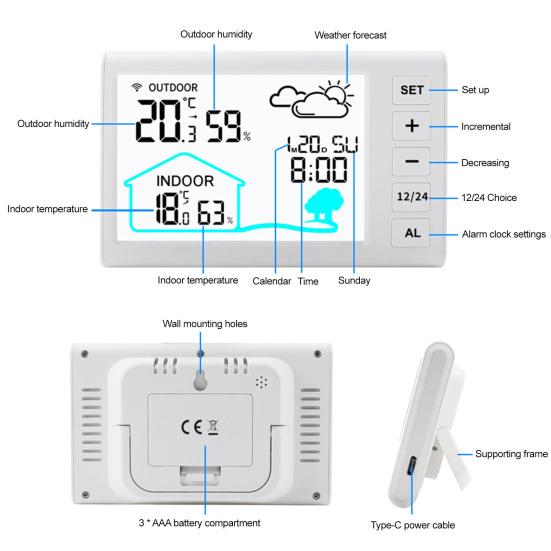 Thermohythmic Meter Wireless Weather Station with Barometer Sensor 4.4" LCD Display Indoor Outdoor Temperature Humidity Monitor
