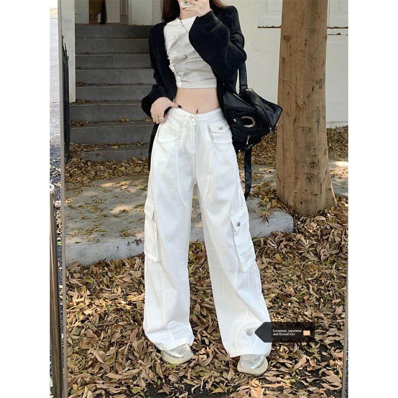 

Plus size American Style White Pocket Cargo Jeans Women Autumn High Waist Loose Wide Leg Mop Design Pants Fashion White L