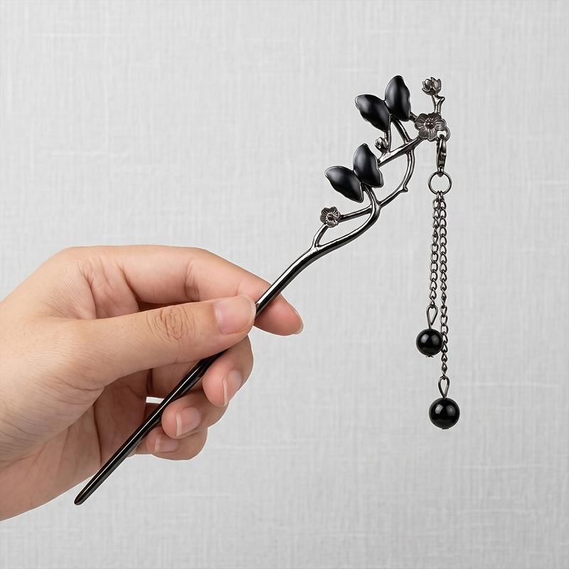 1 Pack Black Butterfly Branch Leaf Tassel Hairpin With Black Beads, Cool Stylish New Chinese Hair Accessory For Hanfu