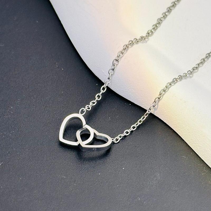 Simple Double Heart Pendant Necklace for Women Couple Stainless Steel Choker Gold Color Chain Wedding Party Friends Zircon Gift