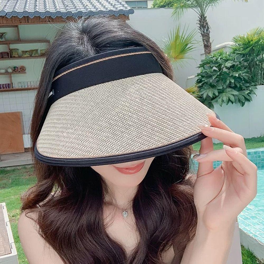 Hollow Straw Wide Brim Hat Woven Straw Beach Hat Visor Design Sun Hat  Casual Wear