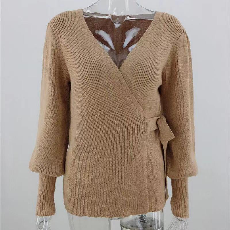 

IHUASU Осенне-зимний свитер Tie Temperament Commuter с V-образным вырезом, женский свободный модный вязаный кардиган большого размера XL хаки