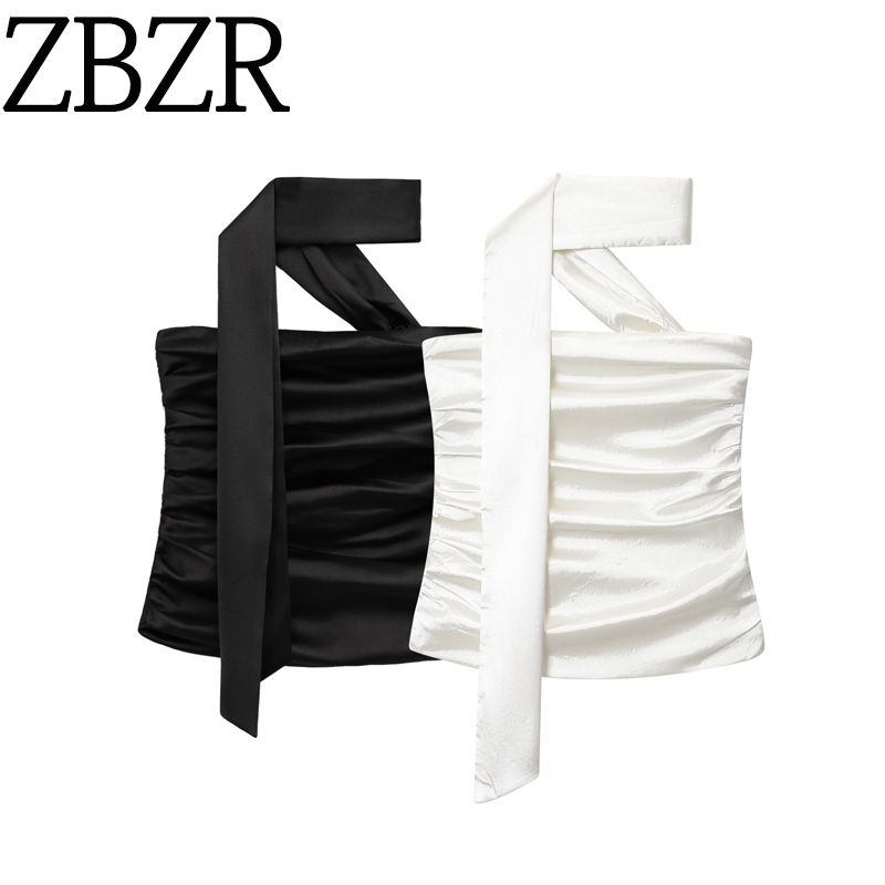 Zbzr Spring New Women clothes Western Style Fashion Fashion Scarf Decoration Pleat Silk Satin Texture Top 2526303