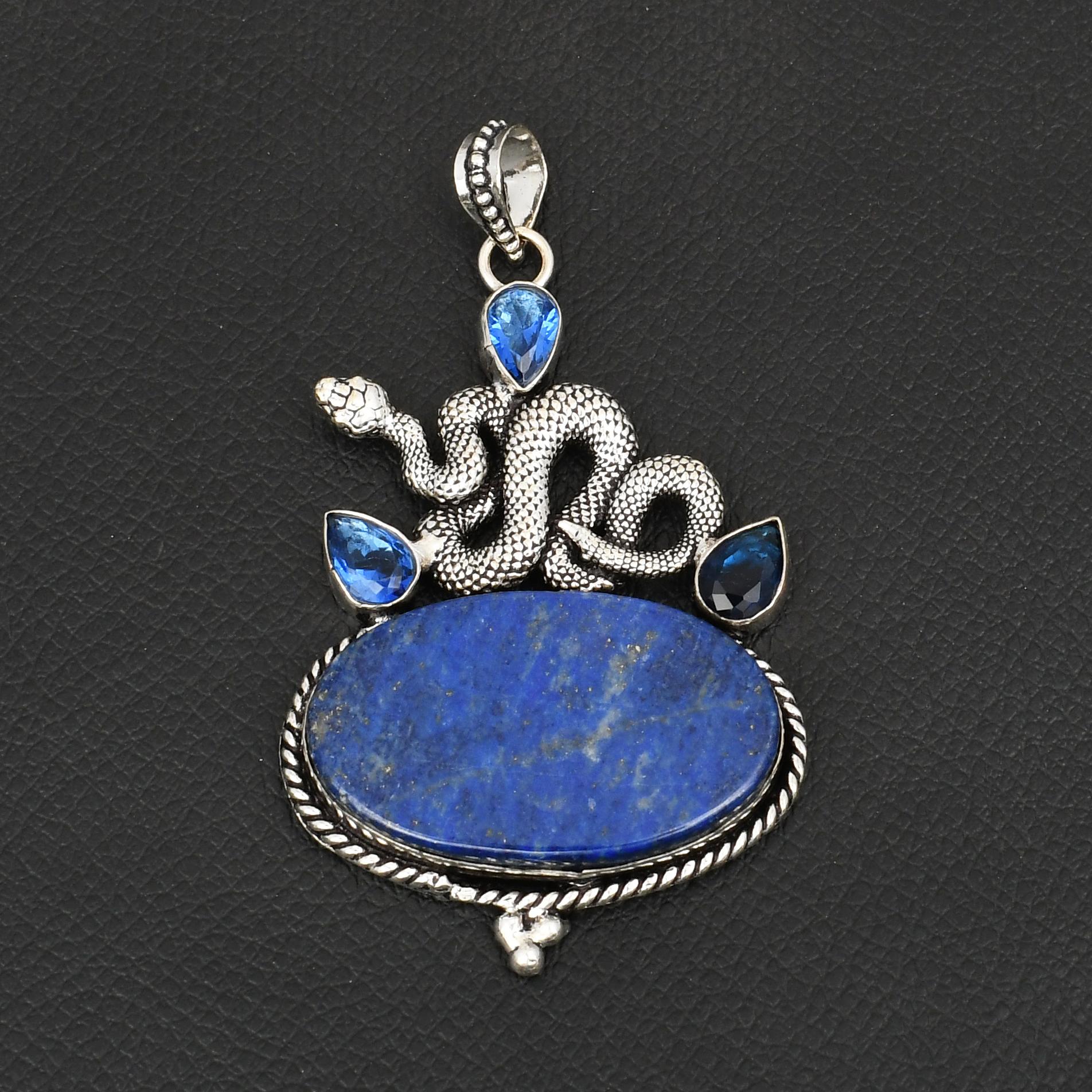 

Natural Lapis Lazuli Snake Pendant, Blue Topaz Accents, 925 Silver Handmade Jewelry, Boho Serpent Necklace Charm, Gemstone Pendant