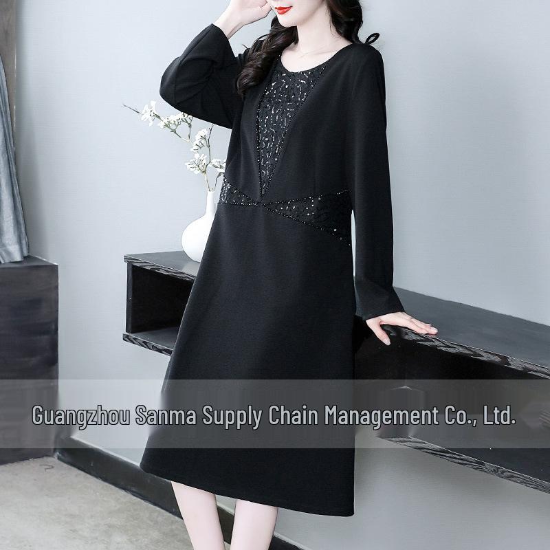 2025 Spring Retro Embroidered Long Sleeve Plus Size Slimming Dress for Middle-Aged Women