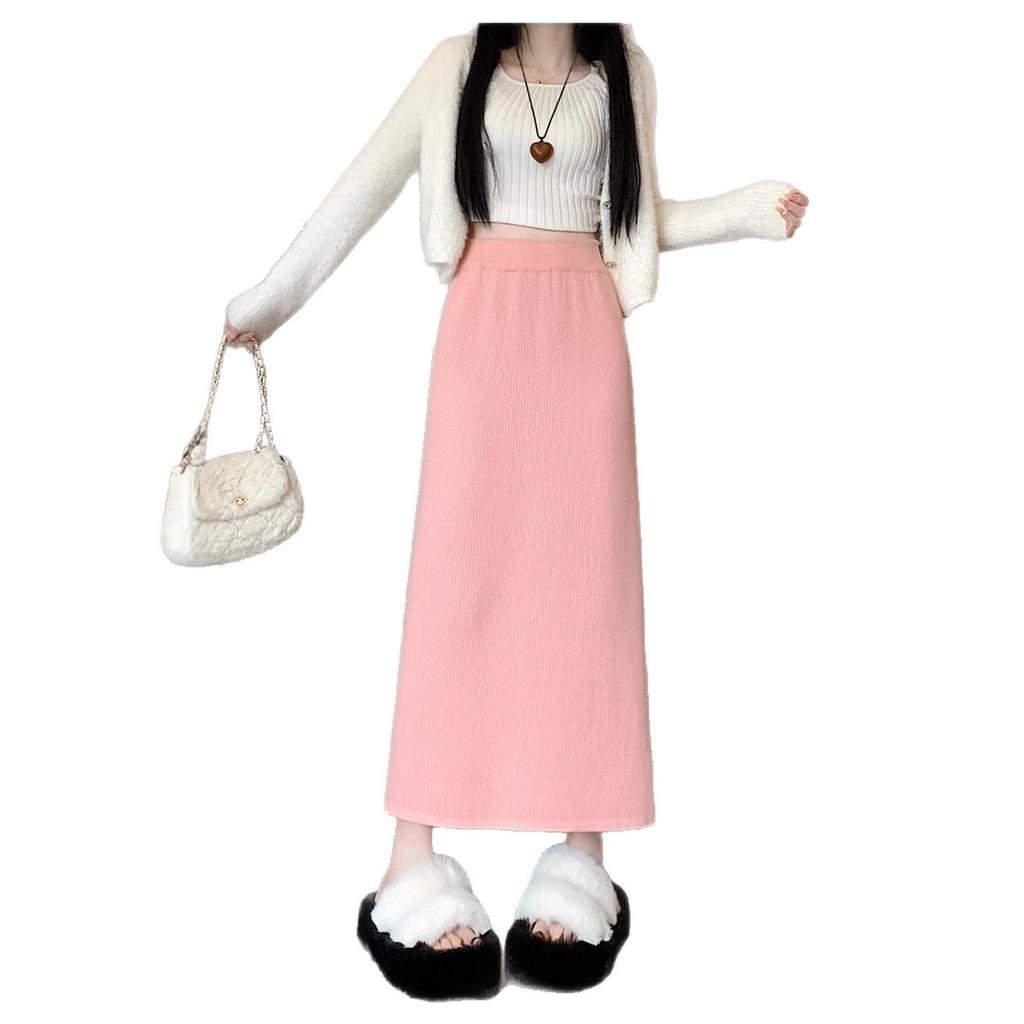 Women's Fleece-Lined Knit A-Line Midi Skirt, 2025 Autumn/Winter Style, Thickened Design, Hip-Hugging.
