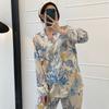Leichter Luxus Frühling und Sommer Neu Seidiges Pyjama-Set Damen Monet Blume High-End Langarm-Cardigan Loungewear Set