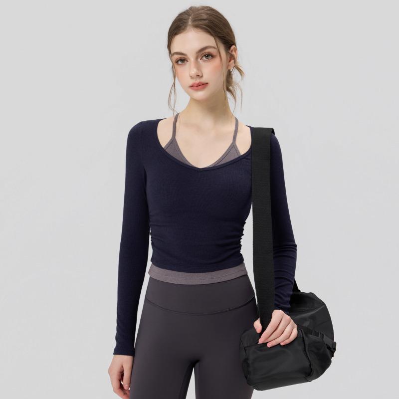 

Women s Spaghetti Strap V-Neck Long Sleeve Yoga Top - Fake Two-Piece Fitness Apparel S [Recommended Weight Below 47.5kg]