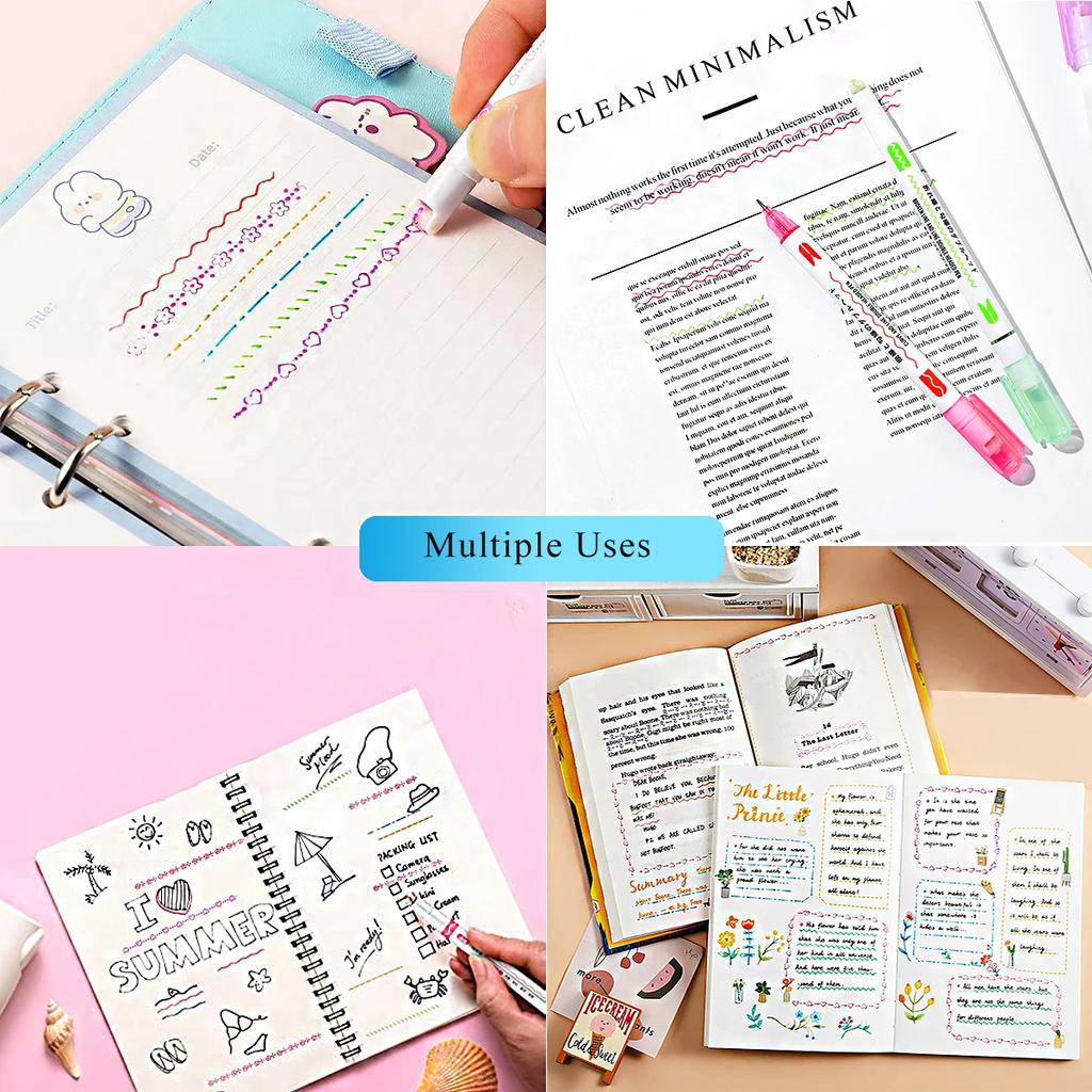 6Pcs/8Pcs Flower Line Shape Highlighter Pen Roller Tip Curve Liner Marker Kawaii Korean Stationery School Office Supplies Gifts