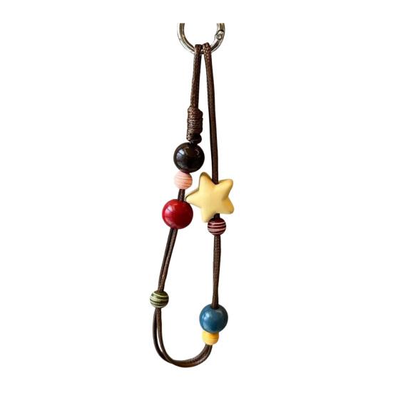 

Mobile Phone Lanyard Thick Oil Wax Rope Hand-Woven Strong Load-Bearing Anti-Lost Anti-Theft Phone Strap with Wooden Beads Stars Decor 1pc