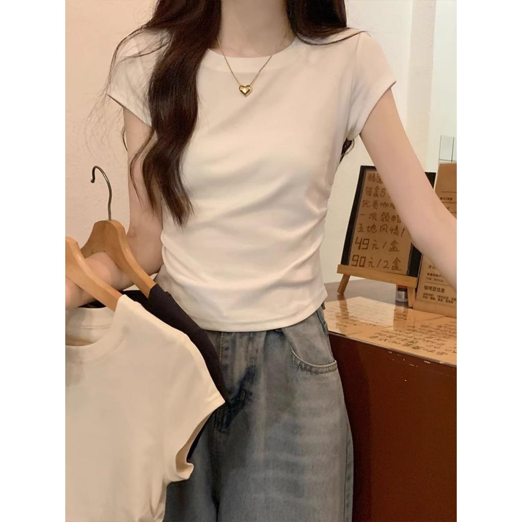 Sweet and Pure Desire Shoulder Short Sleeved T-shirt for Women, Embroidered with Bow, Spring and Summer Version Pleated Waist Cinching Short Top