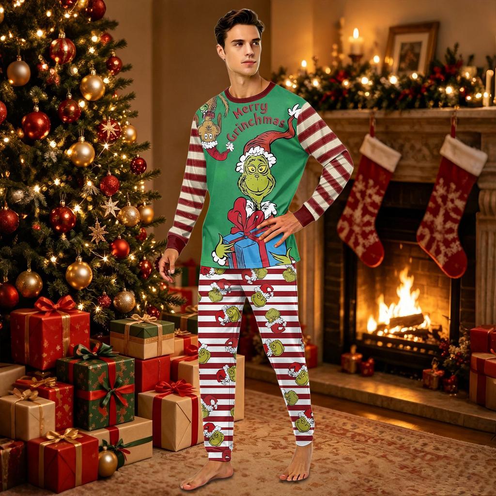 Matching Family Christmas Pajama Set Long Sleeve Neck Top with Pants for Parents and Kids