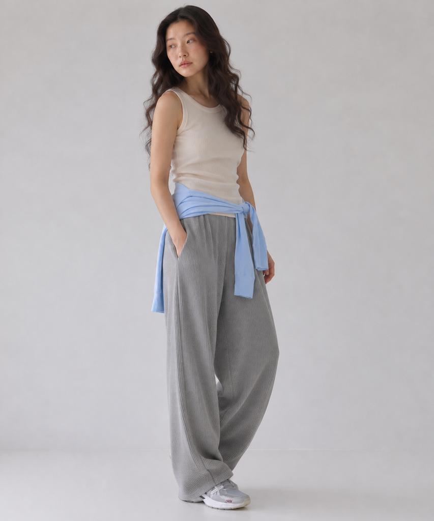 Sayu Soft Waffle Curved Elastic Waist Pants Melange Gray