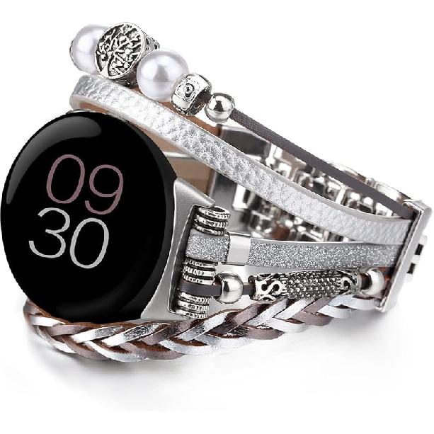 Boho Leather Band Compatible with Google Pixel Watch Band, Posh Leather Bracelet Wristband for Google Pixel Watch 2022 серебряный