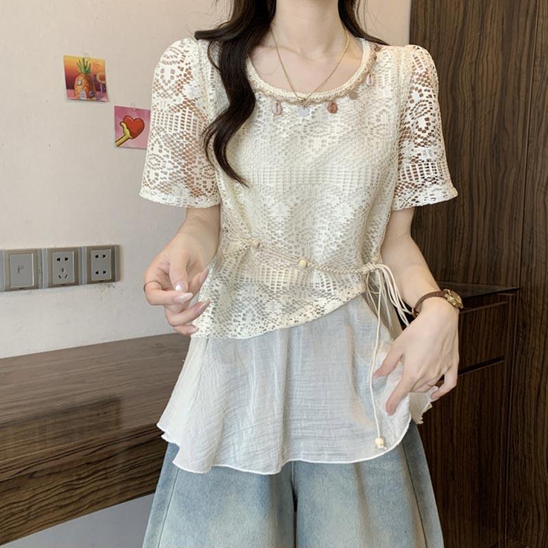 Fake Two-piece T-shirt Women Summer Soft Loose Short-sleeved Casual Pullover Hollowed Top