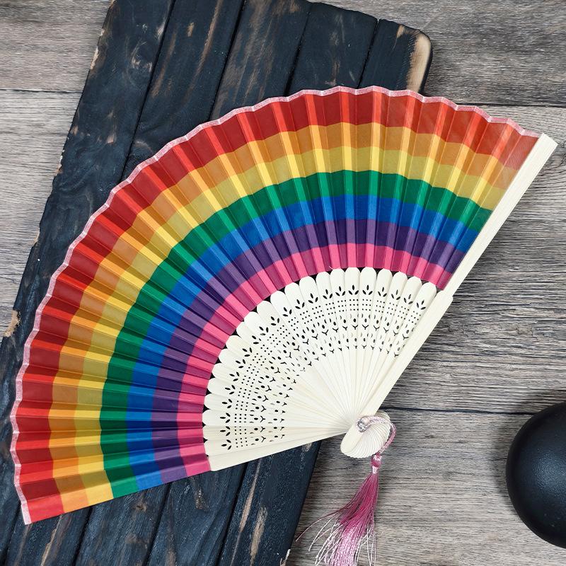 Handlicher Regenbogen Großer Faltfächer Spanischer Stil Faltbarer Tragbarer Fächer für Damen Partys Bühne Tanz Kühlung im Freien