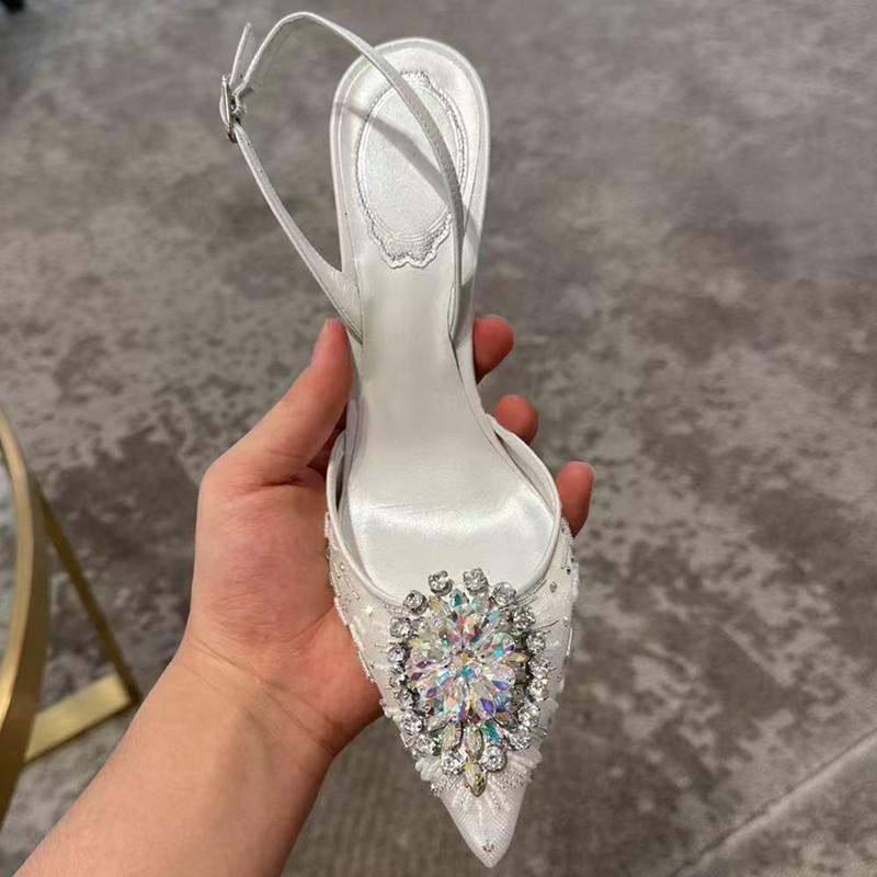 

Luxury Diamond Pearls Lace Mesh Women Pumps Elegant Pointed toe Thin High heels Fashion Summer Slingbacks Wedding Party Shoes 35