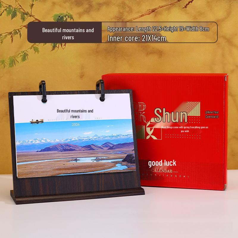 2026 Creative Wooden Desk Calendar Set: Chinese Style Monthly Calendar with Stand and Gift Box