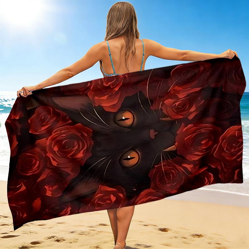 1Pc Black Cat Roses Beach Towel Quick Dry Multiuse For Beach Pool Gym Yoga Home Travel Christmas Halloween Xmas Gift G1106