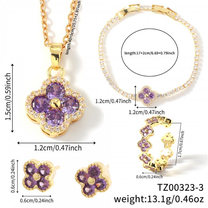 Elegant Four-Leaf Clover Floral Rhinestone Jewelry Set Women Earrings Necklace Bracelet Ring Chic Fashion Accessory