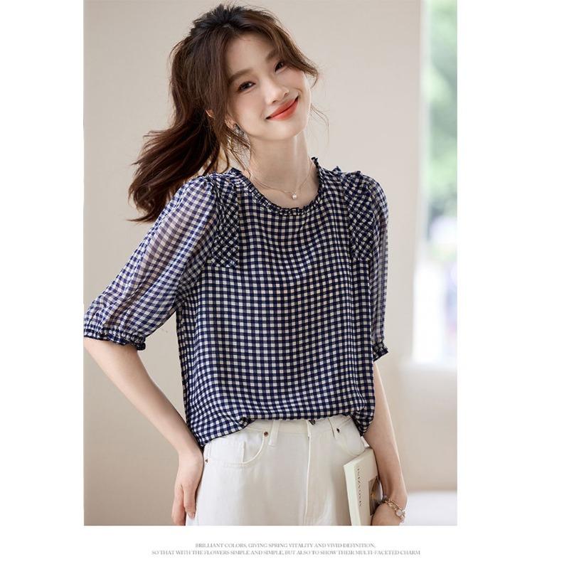 Καλοκαιρινό Νέο Στυλ Chic Καρό Ζιφον Μπλουζάκι Γυναικείο Φαρδύ Casual Κοντομάνικο Όλο-Ταίριασμα Στρογγυλή Λαιμόκοψη Μπλούζα Μικρό Πουκάμισο