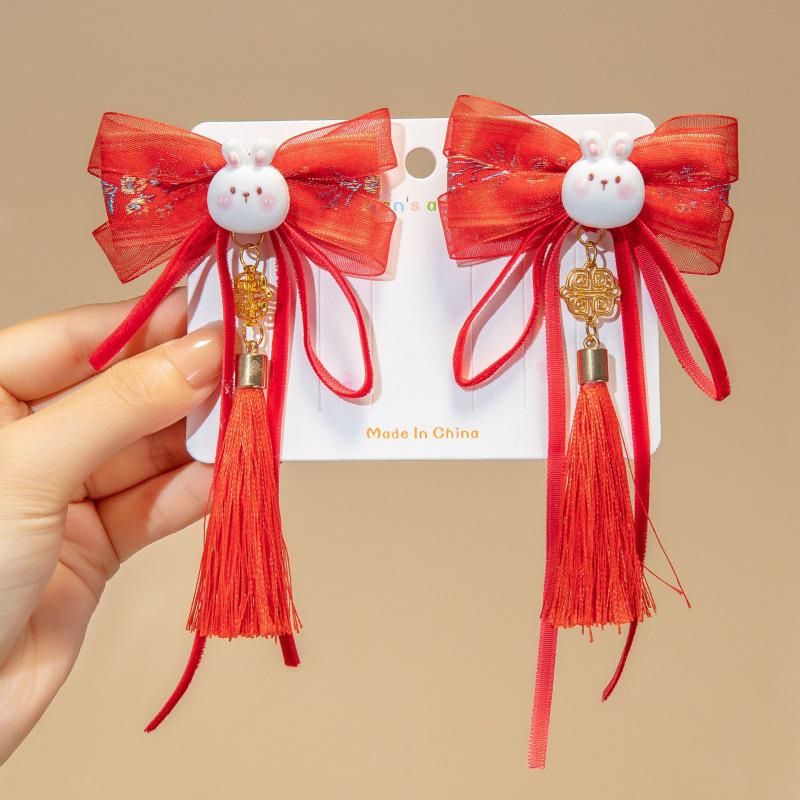 Chinese New Year Red Bow Tassel Hair Clips for Girls & Women - Cute Ancient Style Hair Accessories