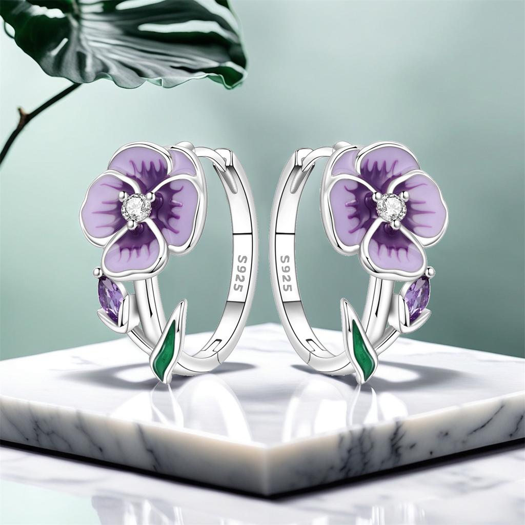 Original 925 Silver Needle Purple Violet Flowers Earrings Versatile Hoop For Women Jewelry Birthday Party Fine Gifts