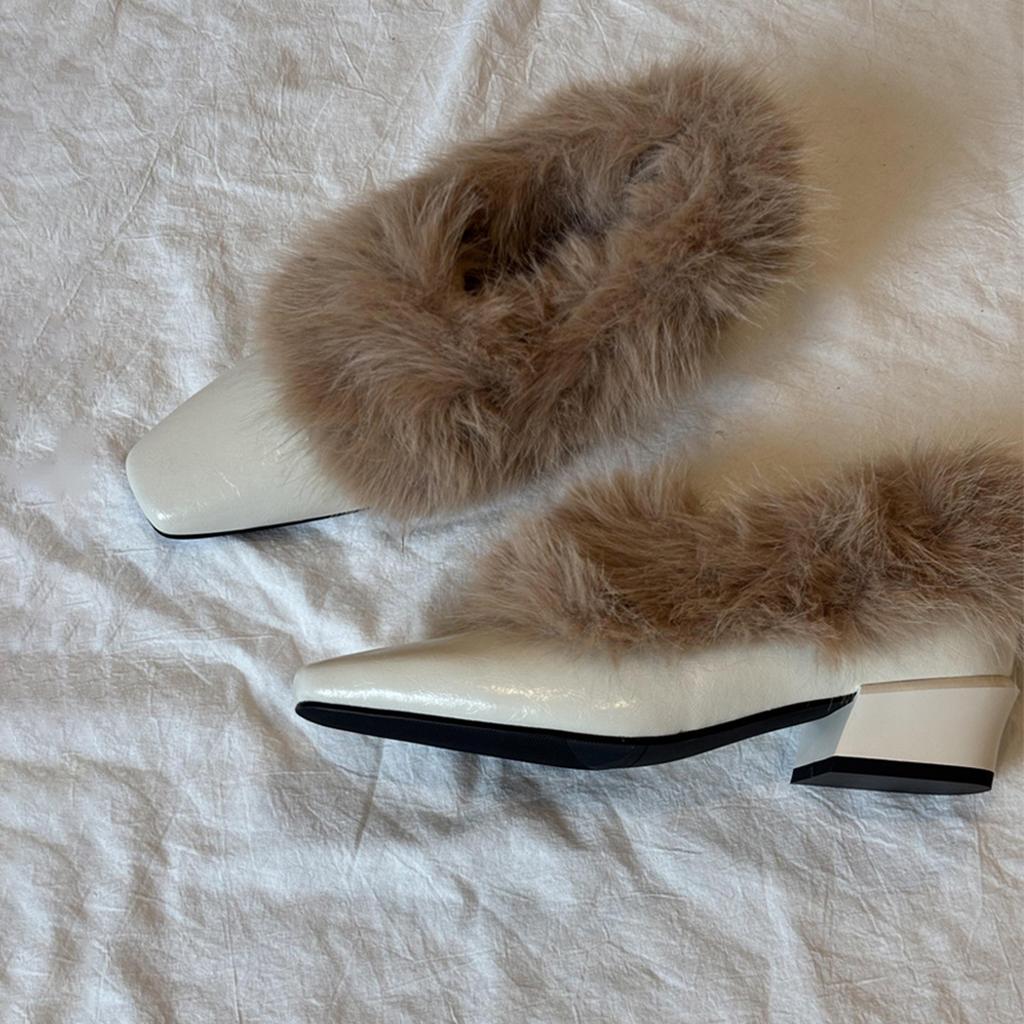 Square head thick heel fluffy shoes one pedal retro plush Mary Jane single shoes commuting warm small leather shoes