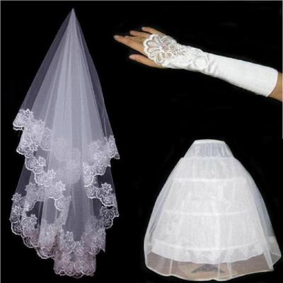 European & American Wedding Dress Accessory Set: Lace Veil, Satin Gloves, Petticoat.