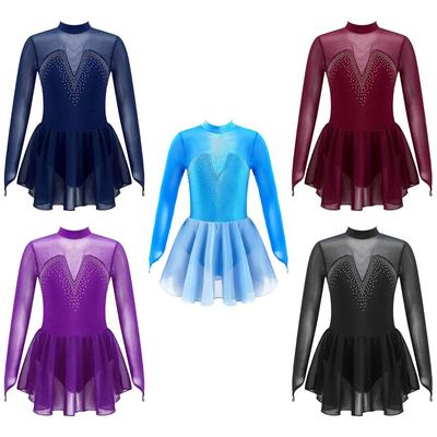 Girls Sparkly Skating Dress Long Sleeve Round Collar Hollow Back Rhinestone Mesh Splice Ballet Dance Leotard