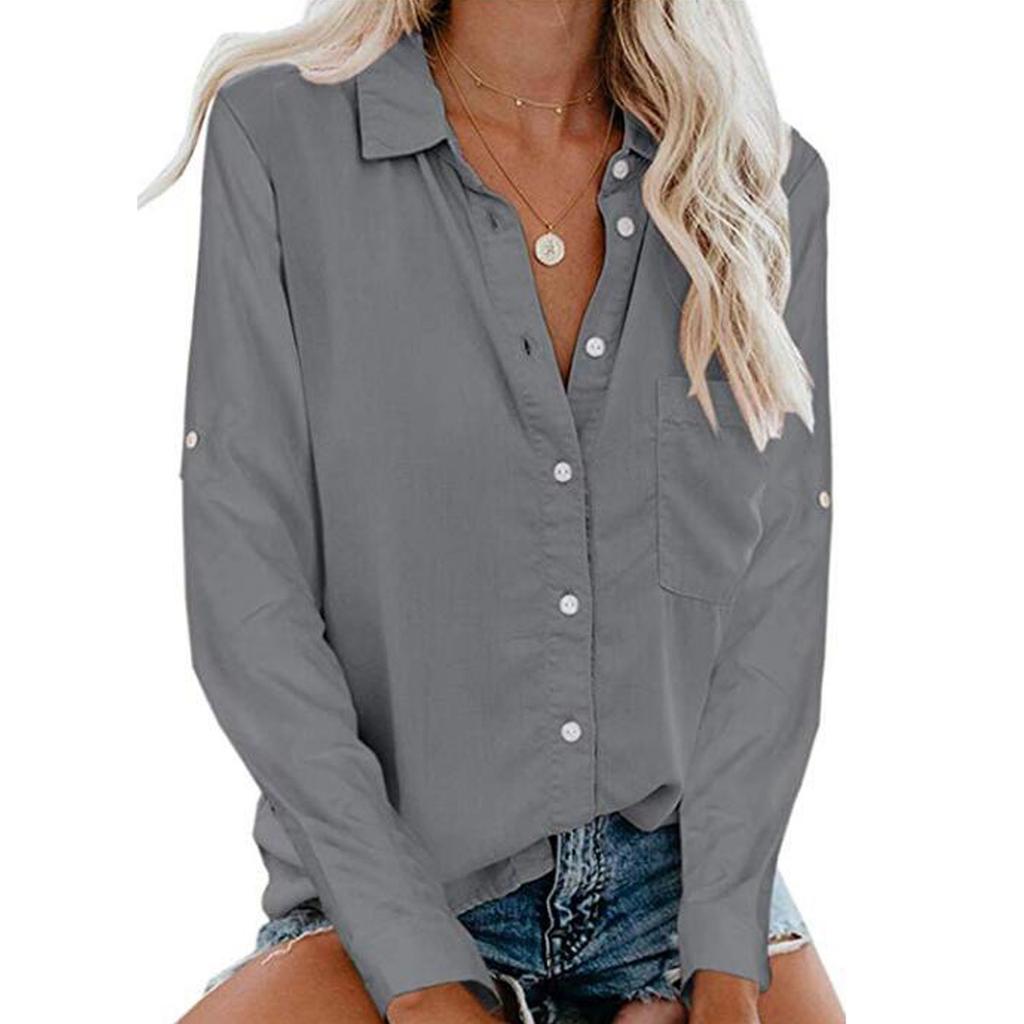 Fashion Women's Button Long Sleeve Lapel Pocket Top Shirt Blouses
