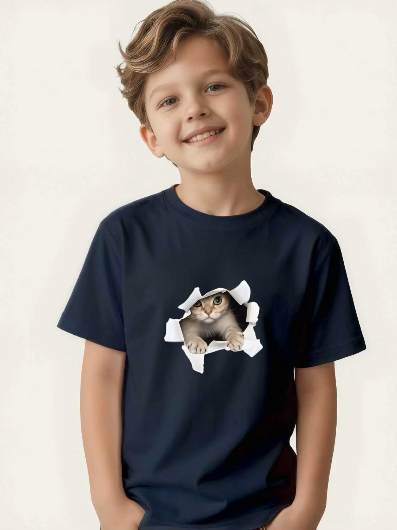 

Boy s simulated cat print round neck short-sleeved children s summer skin-friendly 160