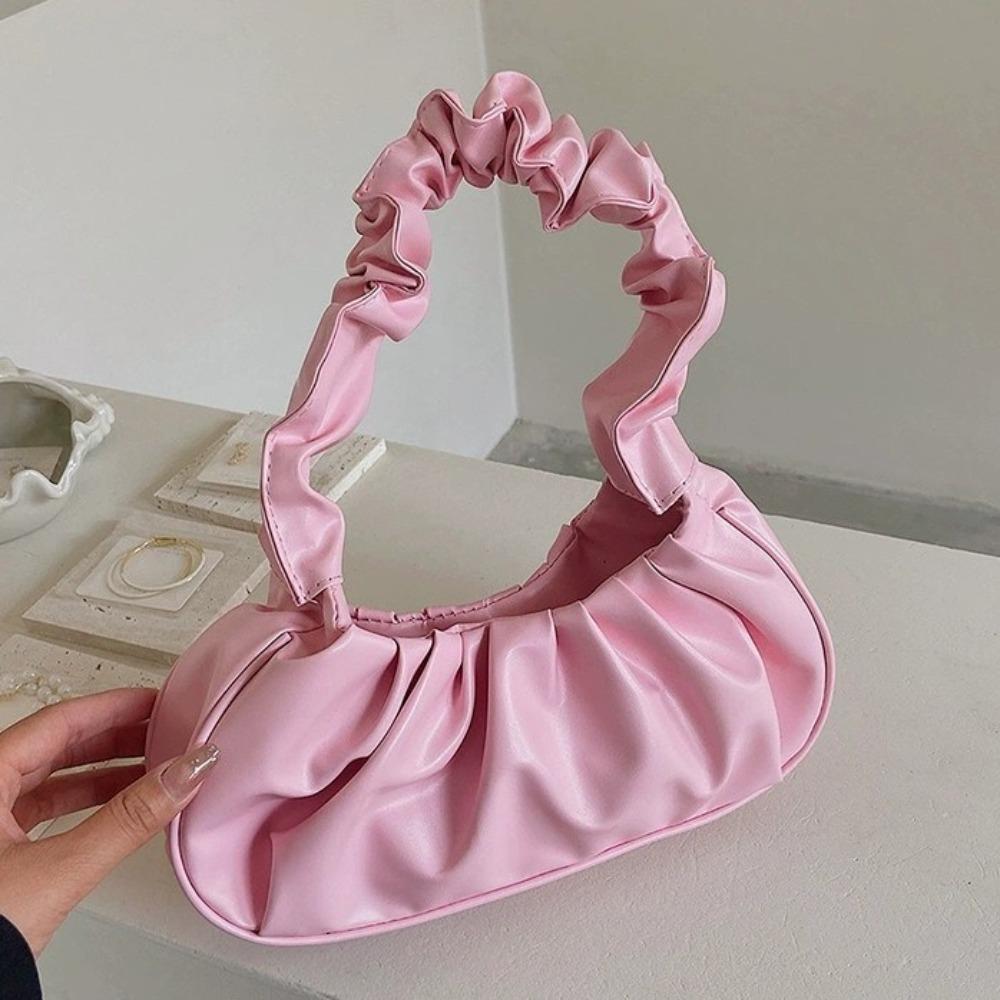 Square Cloud Bag Korean Style PU Leather Underarm Bag Classic Pleated Handbag  Shopping
