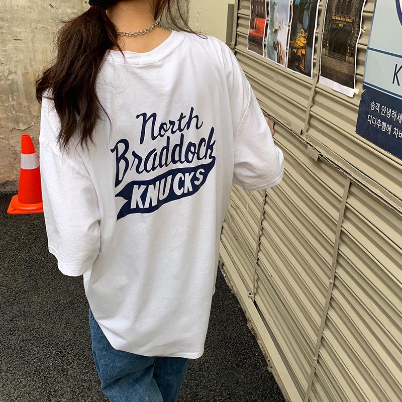 2025 Summer New Foreign Gas Printing Pure Cotton White Short-sleeved T-shirt Women's Medium and Long Large Size Loose Half-sleeved Top