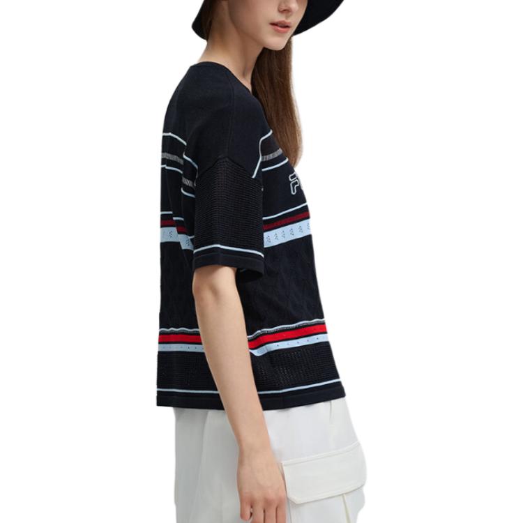 Fila Emerald Letter Embroidery Striped Pattern Round Neck Pullover Short Sleeve Knit Top Women Tops Legendary-Blue F11W434404F-NV