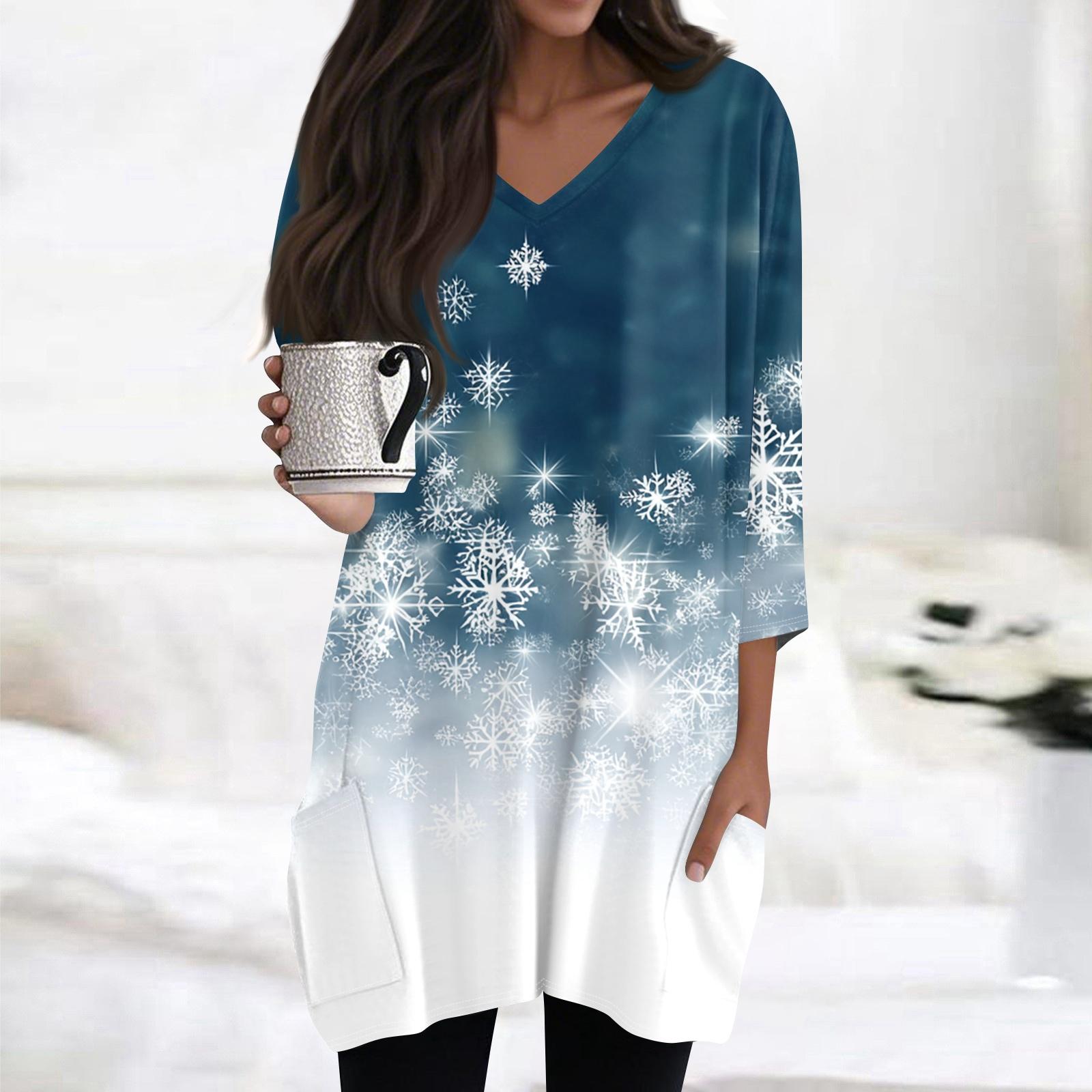 

Женские топы с V-образным вырезом и рукавом 3/4, повседневные блузки средней длины, модные туники с рождественским принтом и карманами L