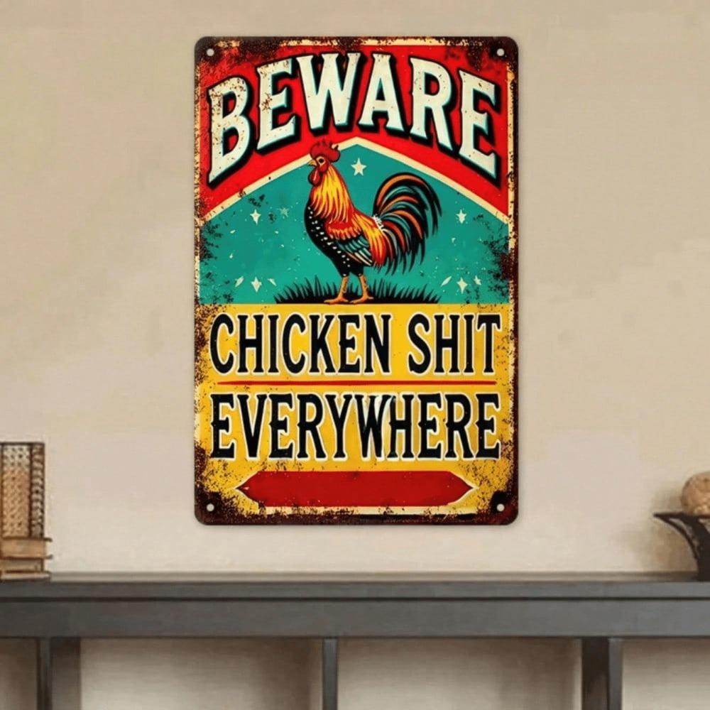 1PC Funny Beware Of Chicken Metal Sign, Rustic Farmhouse Wall Art, Humorous Farm Yard Decor, Tin Country Sign, Outdoor Decor