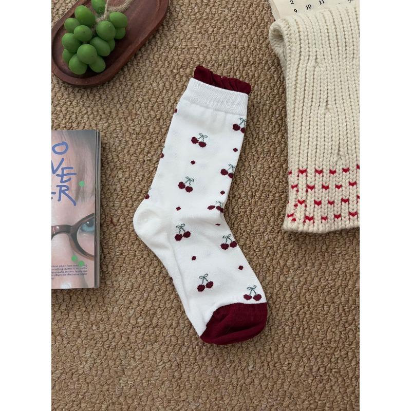 Lady Spring and Autumn Vintage Love Cherry Embroidery Bow Wooden Ear Edge Boneless In Tube Pile Socks