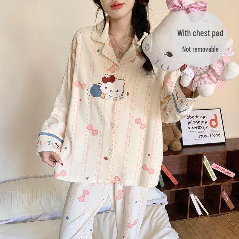 2026 Women's Cartoon Pajamas Set: Imitation Cotton, Chest Pads, Long Sleeve Cardigan & Pants for Spring/Autumn, Plus Size 200 Jin