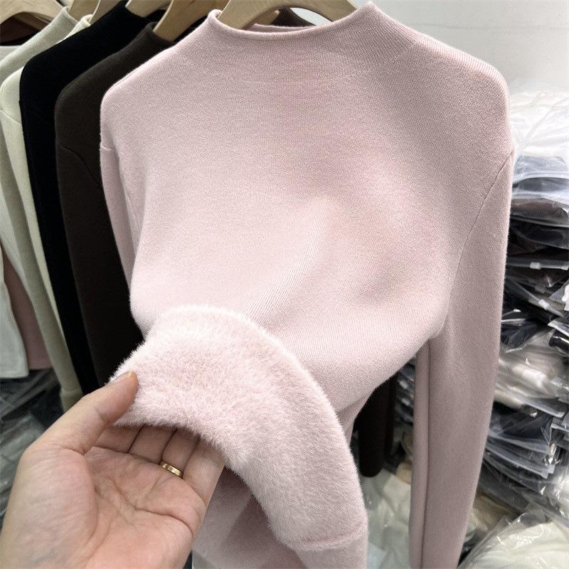 Thickened warm integrated fleece semi-turtleneck knitted sweater women's spring soft waxy inner bottoming shirt solid color top