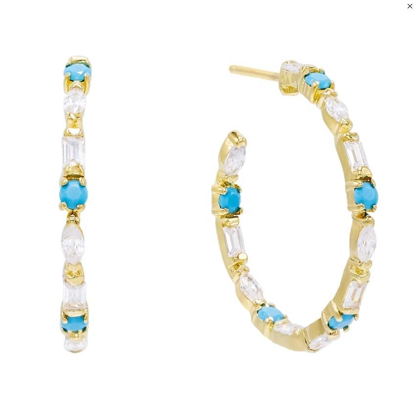 Geometric White Cz Blue Turquoise Stone Paved Classic Circle Hoop Earring for Women