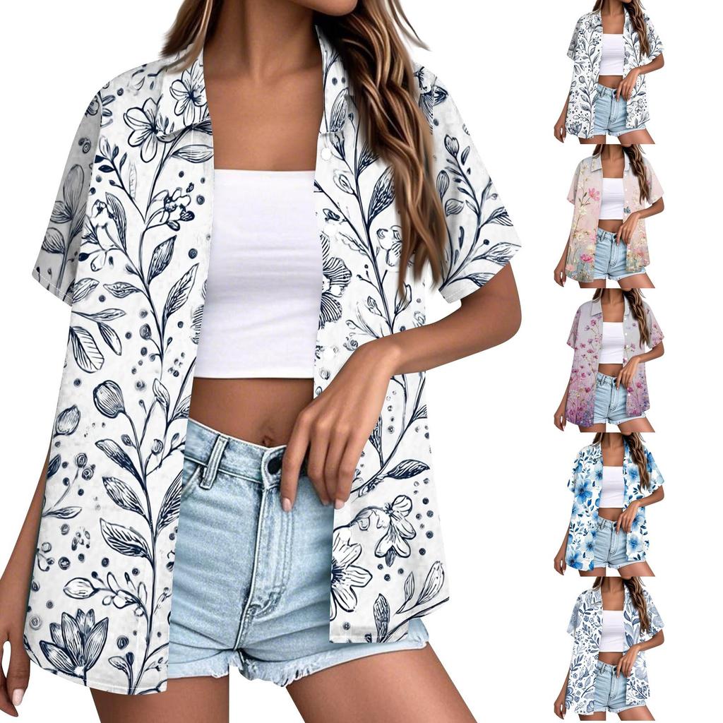 Women's Casual Short Sleeve Button Down Shirt Floral Print Open Front Collar Top Lightweight Summer Blouse Relaxed Fit