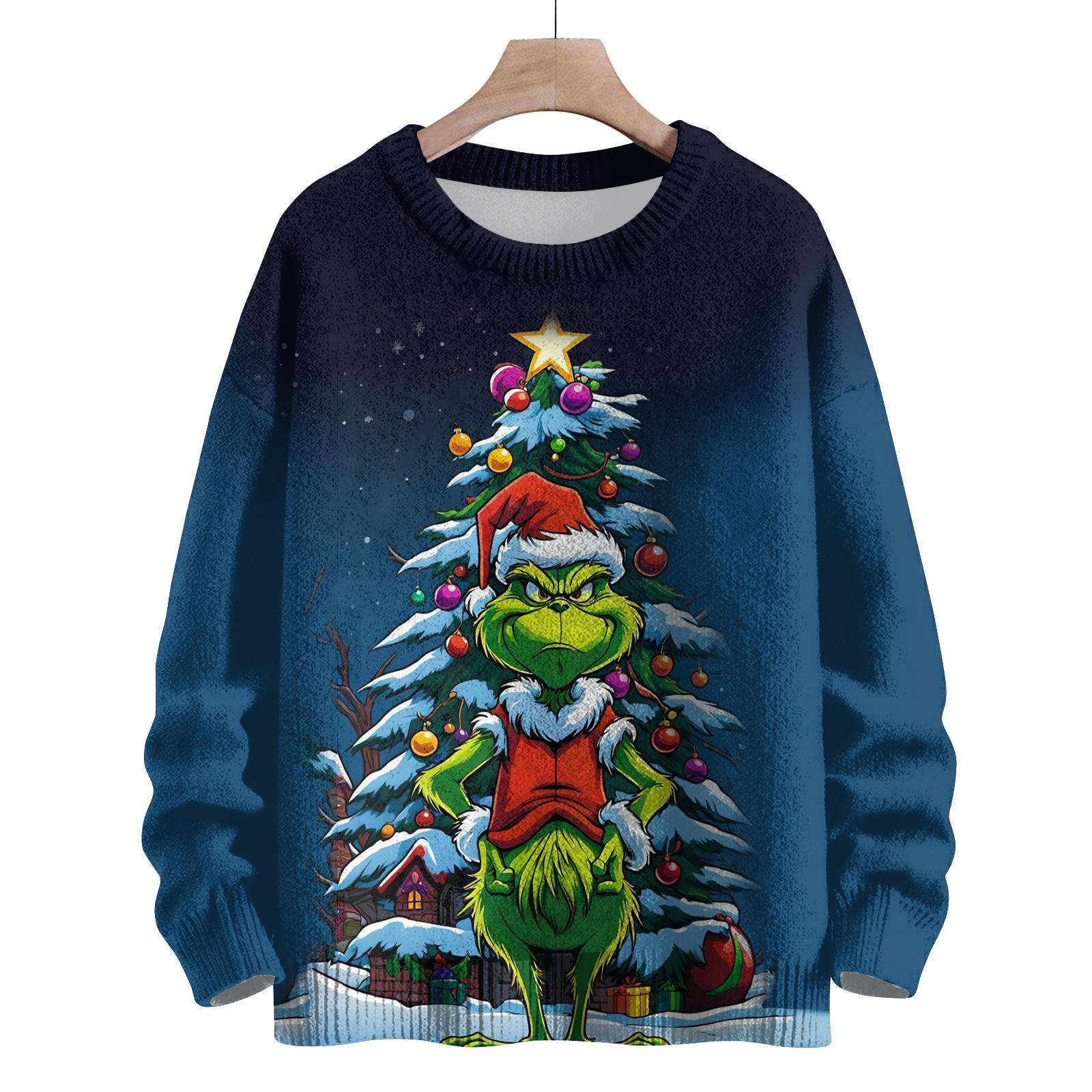 Ladies Fashionable Casual Long Sleeved Christmas Cute Printed Round Neck Knitted Yarn XXXXXL синий